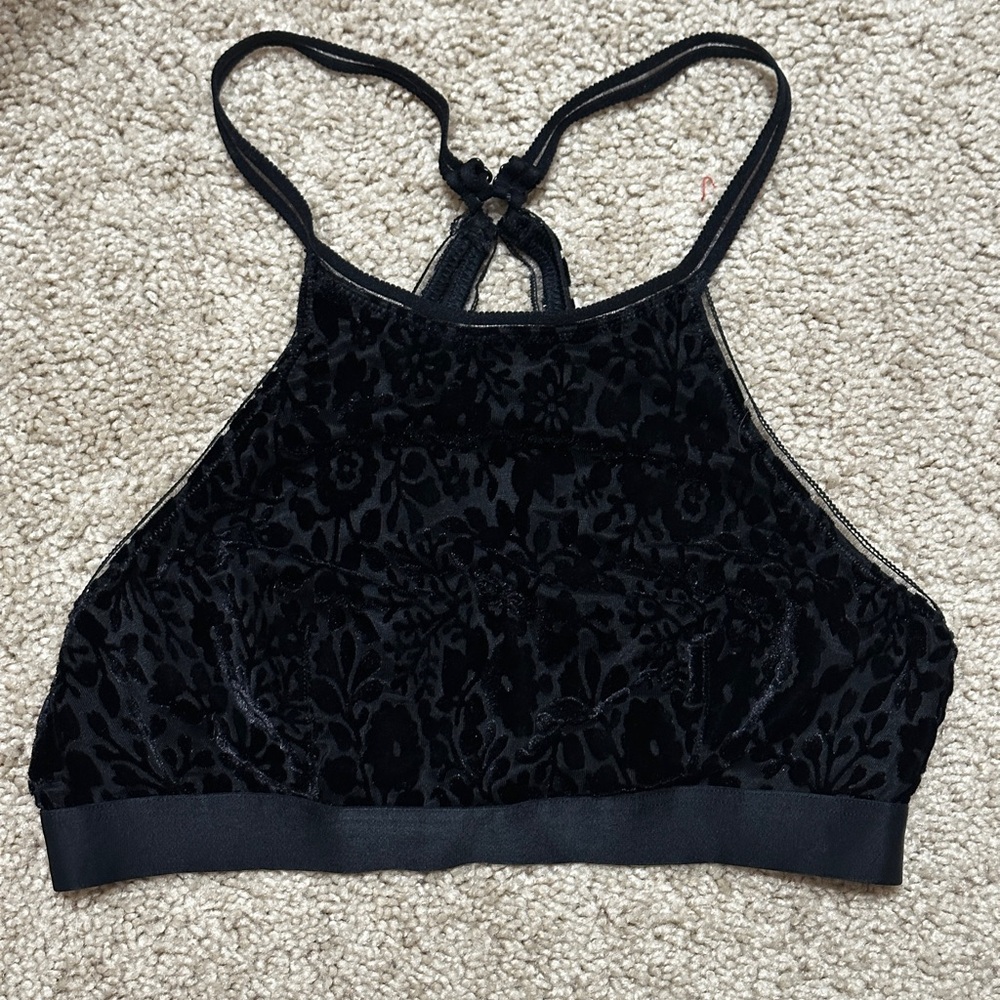 Aerie Black Floral High Neck Velvet Bralette